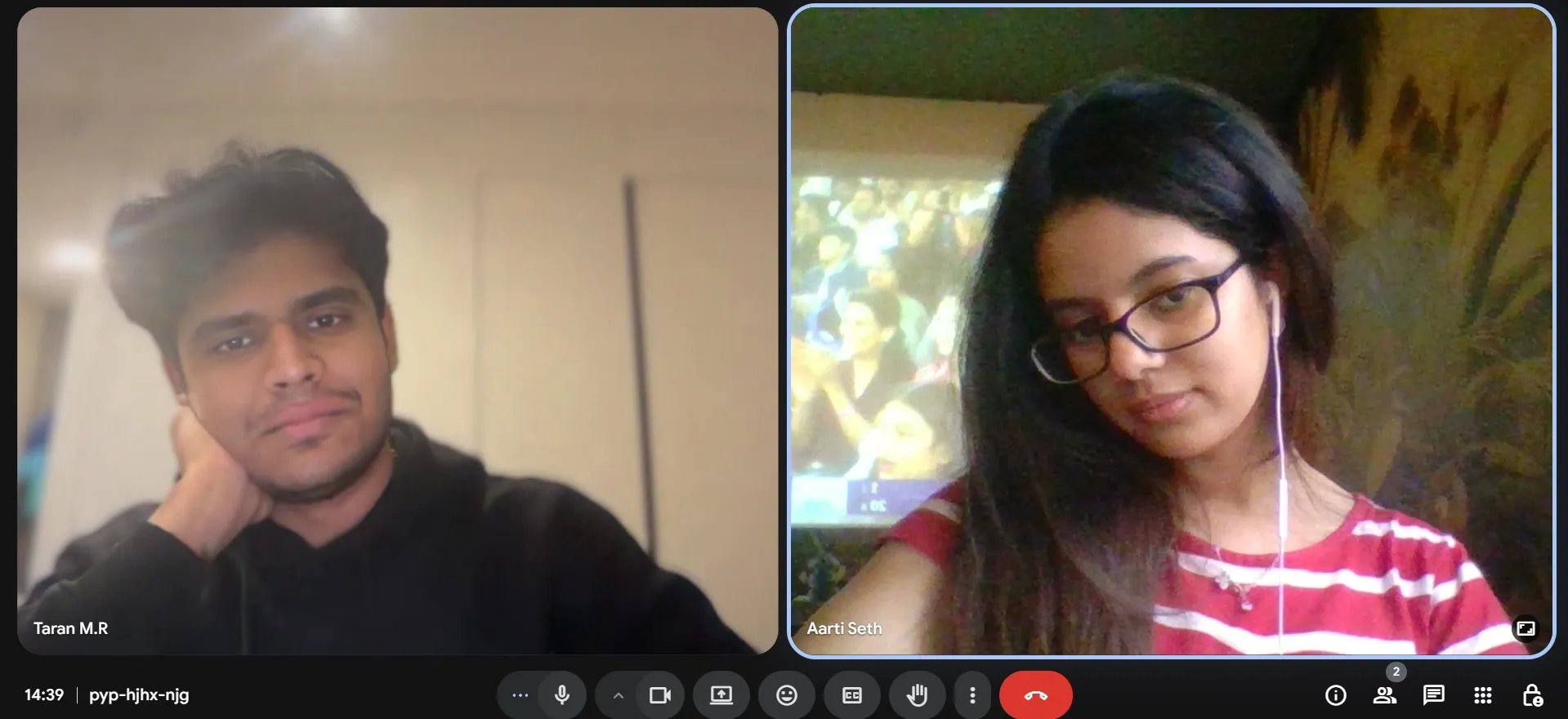 Taran and Aarti on a video call meeting