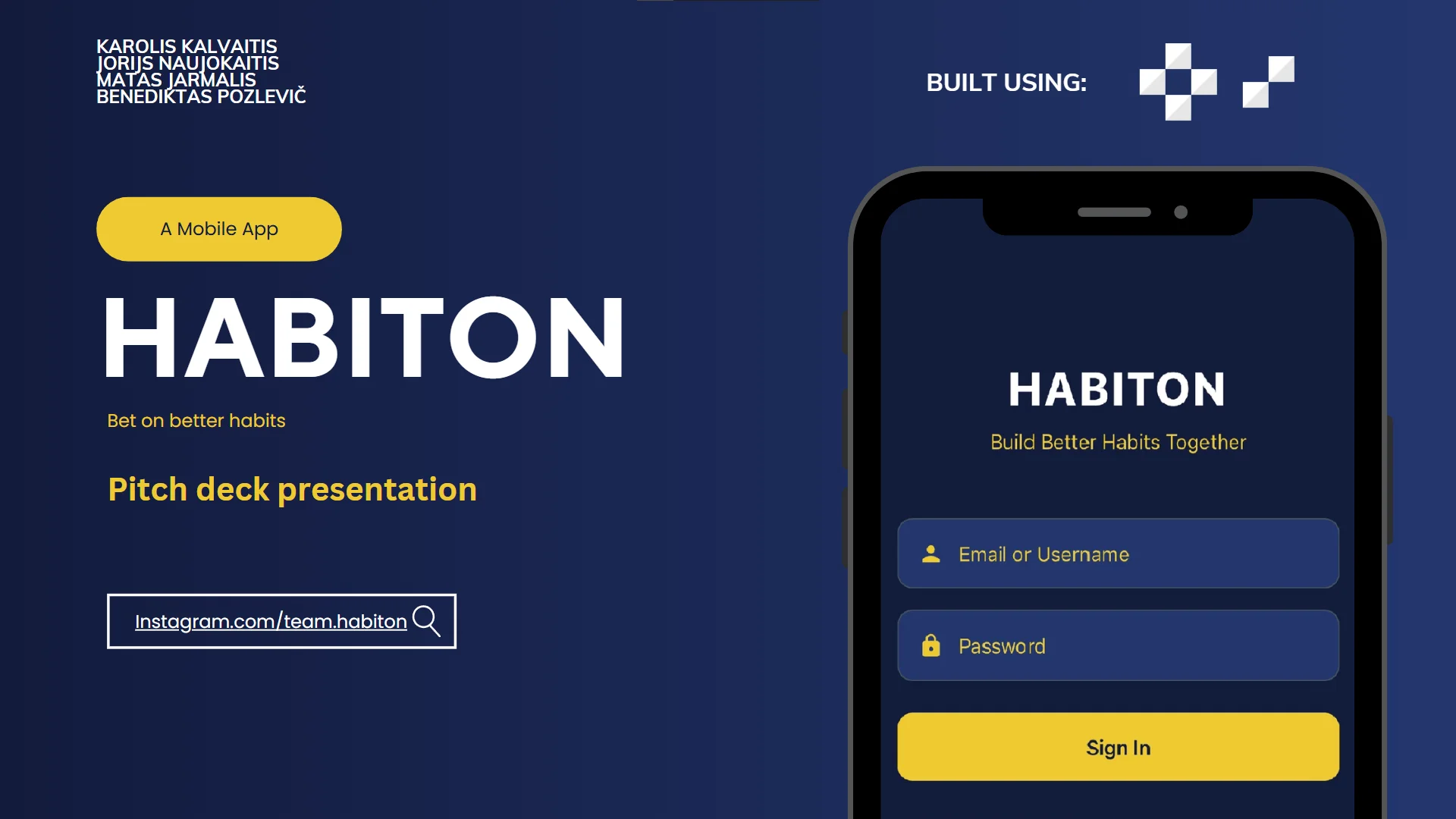 Habiton pitch deck cover with mobile app login screen