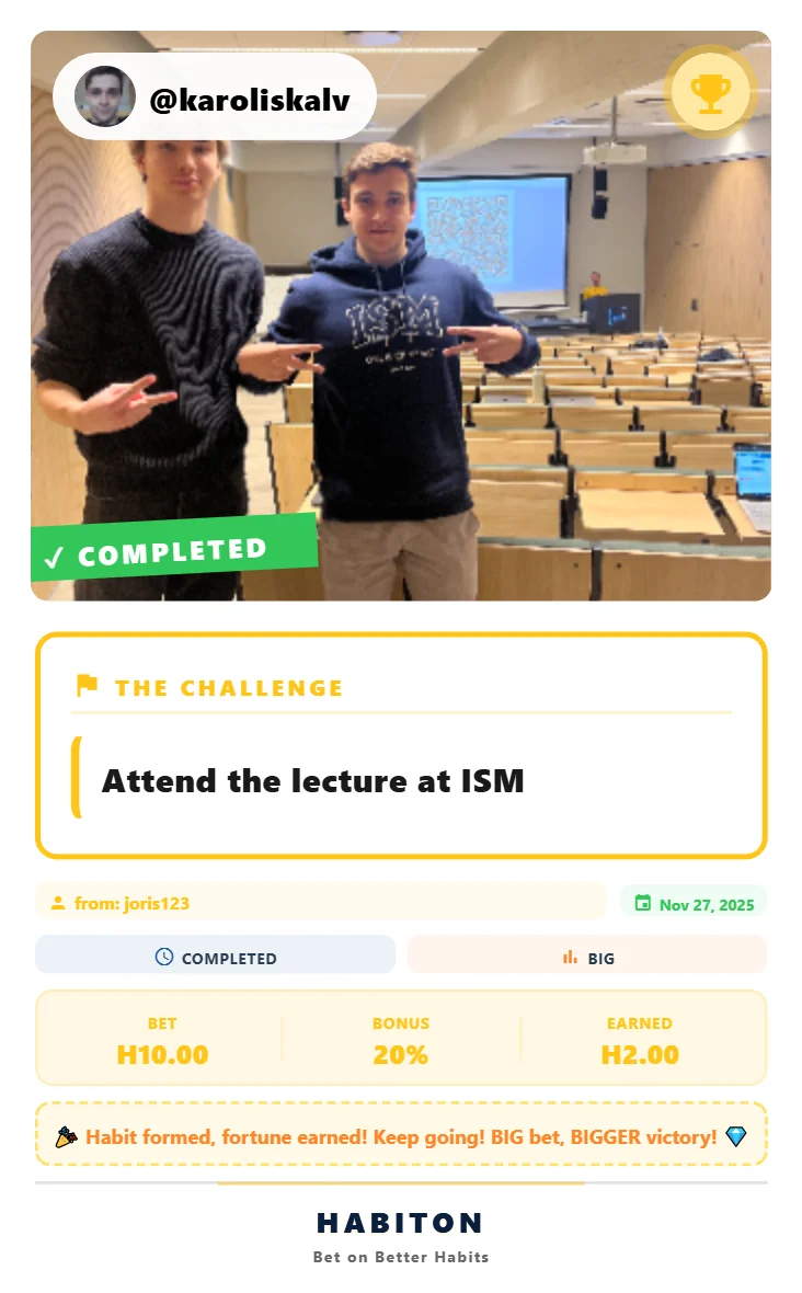 Habiton Victory Card for completing a lecture challenge at ISM